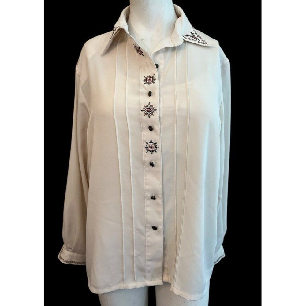 Ladies Size 12 Large Embroidered Semi Sheer Button Front Blouse VINTAGE Koret
